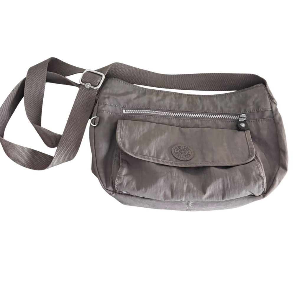 Kipling Grey Crinkle Nylon Crossbody Bag Adjustable Multi-Pocket Shoulder Bag